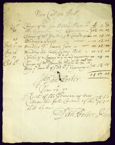 Rachunek Daniela Portera do New College, 1690 autorstwa English School