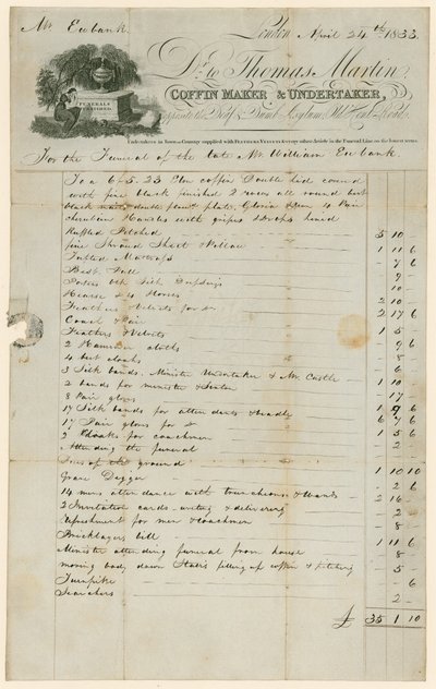 Rachunek od Thomasa Martina, Coffin Maker & Undertaker w związku z pogrzebem pana Williama Eubank autorstwa English School