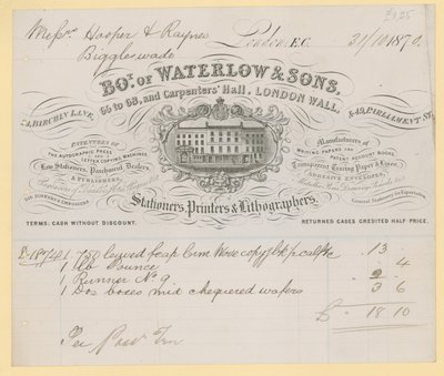 Bill z Waterlow and Sons, 66-68 Carpenters Hall, London Wall, artykuły papiernicze autorstwa English School