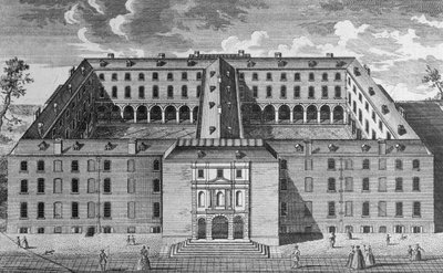 Widok z lotu ptaka na Guys Hospital, Southwark, z postaciami na pierwszym planie, ok. 1780 autorstwa English School