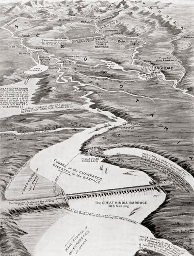 Mezopotamia z lotu ptaka ukazująca proponowany przez Williama Willcocka schemat nawadniania, z Historii narodów Hutchinsona, wyd. 1915 autorstwa English School