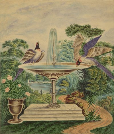 Ptaki w fontannie w parku krajobrazowym, ok. 1840 (wc na papierze) autorstwa English School