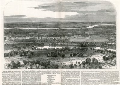 Widok z lotu ptaka na Kryształowy Pałac i okolicę, Wielka Wystawa, 1851 autorstwa English School