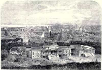 Widok z lotu ptaka na miasto Waszyngton 1861, z Kapitolem w budowie na pierwszym planie [Wersja oczyszczona cyfrowo] autorstwa English School