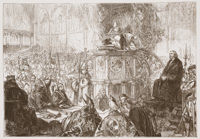 Biskup Lodi przemawia na procesie Hussa, ilustracja z Historii protestantyzmu Jamesa Aitkena Wylie (1808-1890), wyd. 1878 autorstwa English School