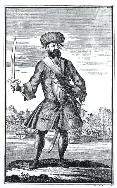 Pirat Czarnobrody, z Ogólnej historii rabunków i morderstw najbardziej znanych piratów autorstwa kapitana Charlesa Johnsona, opublikowane w 1724 r. autorstwa English School