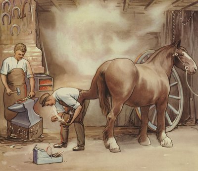 Kowal podkuwający konia (litografia kolorowa) autorstwa English School