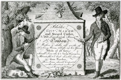 Blake, Gunmaker i Sword Cutler, etykieta na broń (grawerowanie) autorstwa English School