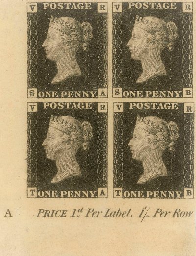 Blok znaczków Penny Black, ok. 1840 (znaczki pocztowe) autorstwa English School