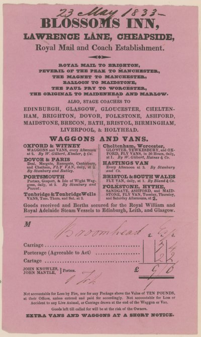 Blossoms Inn, Lawrence Lane, Cheapside, Bill autorstwa English School