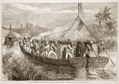 Niebieskie kurtki i marines Polowanie na brytyjską ekspedycję w górę rzeki Perak, ilustracja z Cassells Illustrated History of England autorstwa English School