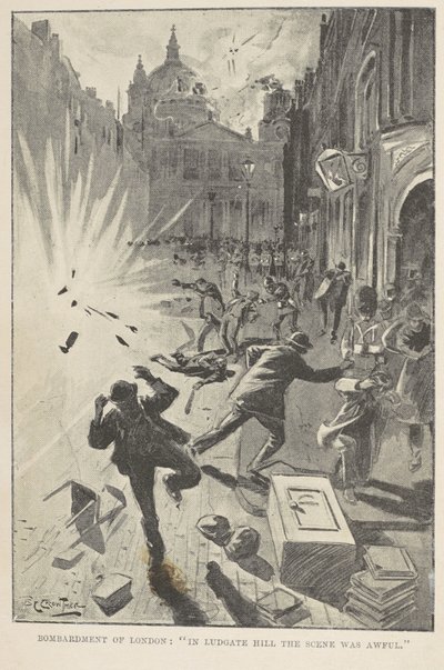 Bombardowanie Londynu: „W Ludgate Hill scena była okropna”, ilustracja z okładki z „Wielkiej wojny w Anglii w 1897” autorstwa Williama Le Queux autorstwa English School