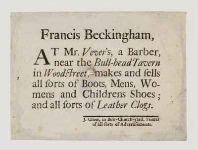 Boot and Shoemakers, Francis Beckingham, karta handlowa autorstwa English School