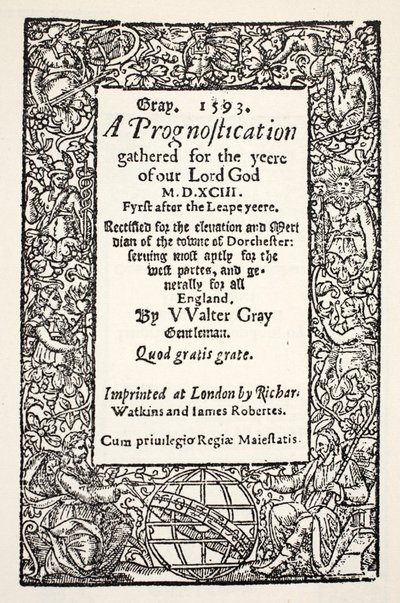 Granica z kulą ziemską u podnóża, Prognostyka Waltera Graya, wydrukowana przez Watkinsa i Robertsa, 1593 autorstwa English School