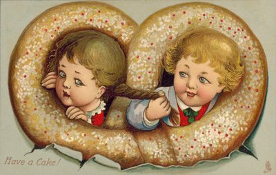 Chłopiec i dziewczynka spleceni w torcie (kolorowa litografia) autorstwa English School