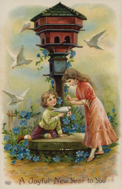 Chłopiec i dziewczynka wysyłający życzenia świąteczne przez gołębia (chromolitografia) autorstwa English School
