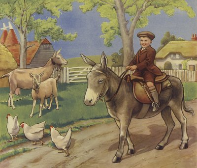 Menino montado em um burro no interior da Inglaterra (lito de cor)polonês autorstwa English School