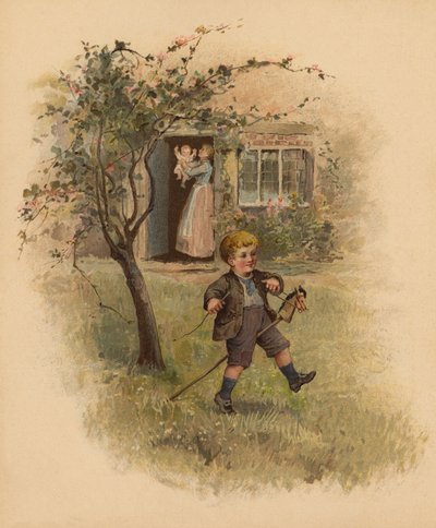 Chłopiec na koniu w ogrodzie (chromolit) autorstwa English School
