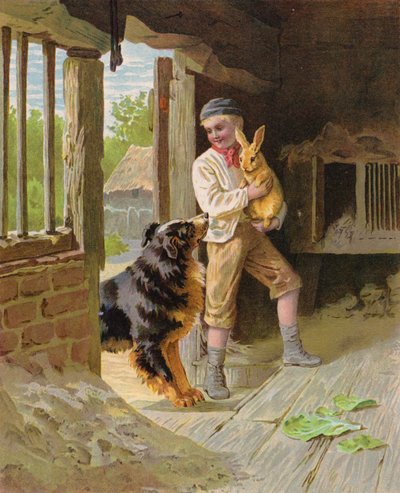 Chłopiec z psem i królikiem na farmie (chromolitho) autorstwa English School