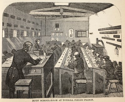 Sala szkolna dla chłopców w więzieniu Tothill Fields, ilustracja z The Criminal Prisons of London i Scenes from Prison Life Henry