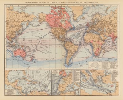 Imperium Brytyjskie, pokazujące szlaki handlowe świata i prądy oceaniczne (kolorowa litografia) autorstwa English School