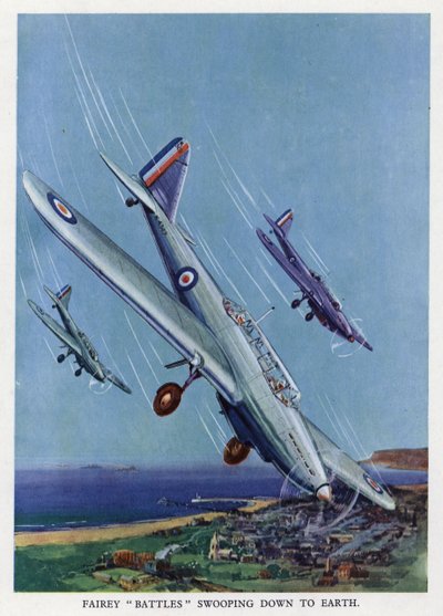 Lekkie bombowce brytyjskie Fairey Battle nurkujące w kierunku ziemi (kolor lito) autorstwa English School