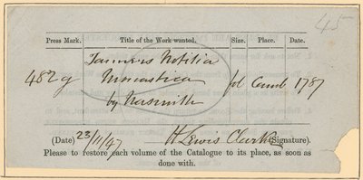 British Museum, Book Order Slip, 23 listopada [18?]47 autorstwa English School