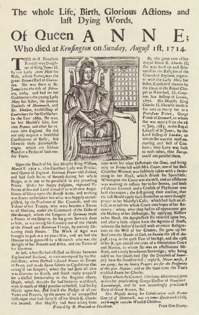 Broadside opublikowany po śmierci królowej Anny autorstwa English School
