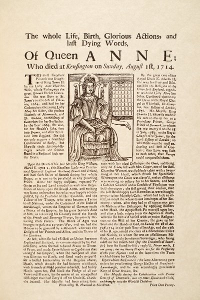 Broadside opublikowany po śmierci królowej Anny, w niedzielę 1 sierpnia 1714 (druk i drzeworyt) autorstwa English School