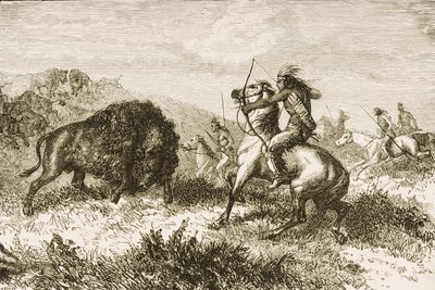 Buffalo Hunting on the Great Plains między St. Louis a Denver, ok. 1870, z „American Pictures”, wydanej przez The Religious Tract Society, 1876 autorstwa English School