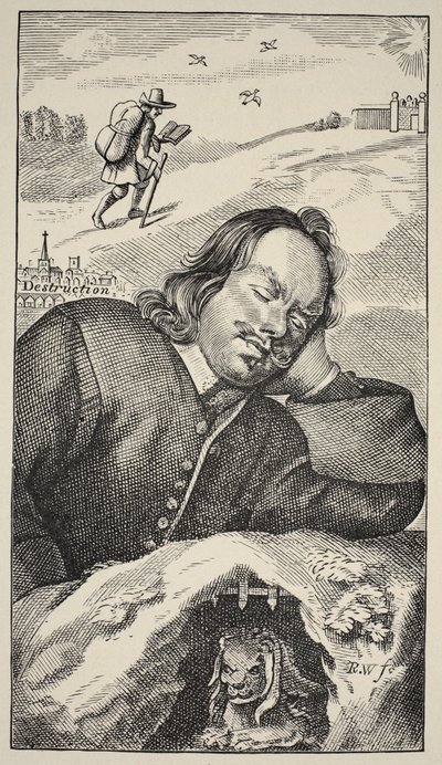 Bunyans Dream, frontyspis The Pilgrims Progress Johna Bunyana (1628-88), wydanie 4, wyd. 1680 (zdjęcie w sepii) autorstwa English School