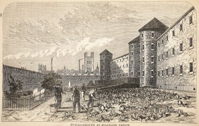 Cmentarz w więzieniu Millbank, ilustracja z The Criminal Prisons of London i Scenes from Prison Life autorstwa Henry