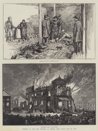 Spalenie nowego teatru w Exeter, z wielką utratą życia (grawerowanie) autorstwa English School
