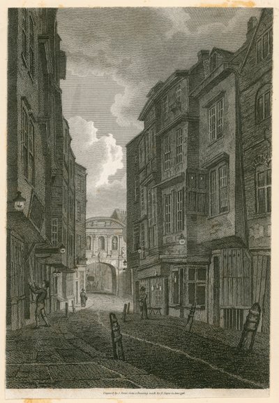 Butcher Row, patrząc z Temple Bar, na podstawie rysunku Edwarda Dayesa, 9 czerwca 1796 autorstwa English School
