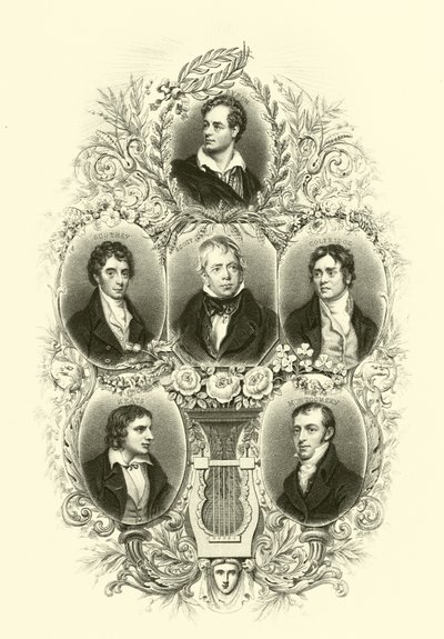 Byron, Southey, Scott, Coleridge, Keats, Montgomery autorstwa English School