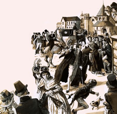 Byron wywołał spore zamieszanie ze swoim pluszowym misiem na ulicach Cambridge (gwasz na papierze) autorstwa English School