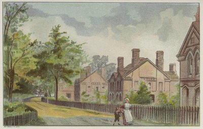 Domki robotnicze Cadbury i droga wiejska, Bournville, Birmingham (chromolitho) autorstwa English School