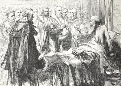 Kalwin przemawiający po raz ostatni na soborze, ilustracja z Historii protestantyzmu Jamesa Aitkena Wylie (1808-1890), wyd. 1878 autorstwa English School