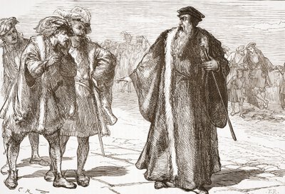 Kalwin znieważony przez libertynów na moście Rodanu, ilustracja z Historii protestantyzmu Jamesa Aitkena Wylie (1808-1890), wyd. 1878 autorstwa English School