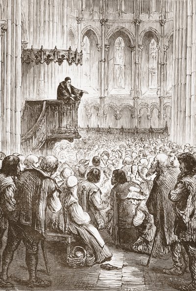 Calvin wygłasza kazanie pożegnalne w oczekiwaniu na wygnanie, ilustracja z Historii protestantyzmu Jamesa Aitkena Wylie (1808-1890), wyd. 1878 autorstwa English School