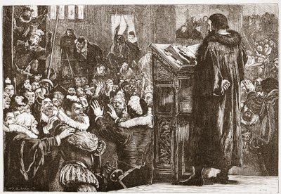 Kalwin zagrożony w kościele w Rive, ilustracja z Historii protestantyzmu Jamesa Aitkena Wylie (1808-1890), wyd. 1878 autorstwa English School