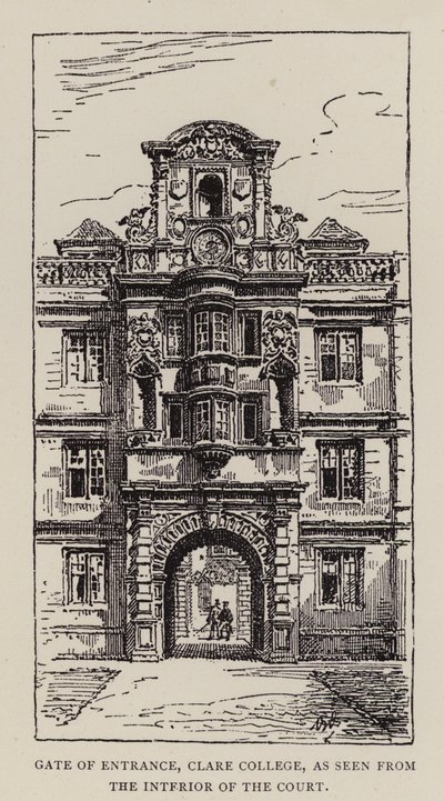 Cambridge: Brama Wejściowa, Clare College, widziana z wnętrza dziedzińca (akwaforta) autorstwa English School
