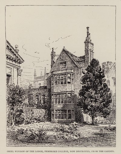 Cambridge: Oriel Window of the Lodge, Pembroke College, obecnie zniszczone, z ogrodu (akwaforta) autorstwa English School