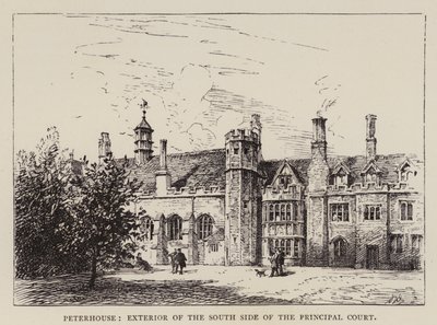 Cambridge: Peterhouse, Zewnętrzna część południowej strony głównego sądu (akwaforta) autorstwa English School