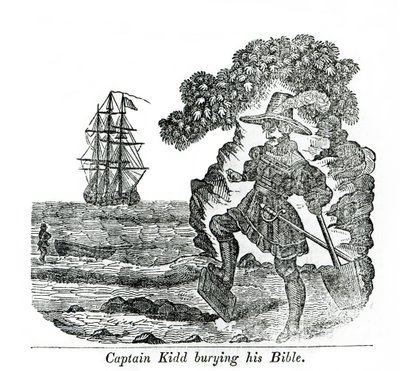 Kapitan Kidd zakopuje swoją Biblię, ilustracja z książki „Pirates own Book” Charlesa Elmsa autorstwa English School