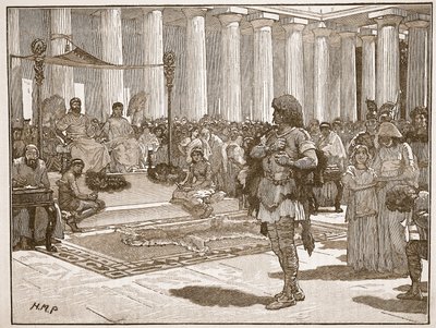 Caractacus przed Klaudiuszem, ilustracja z Cassells Illustrated History of England (zdjęcie w sepii) autorstwa English School