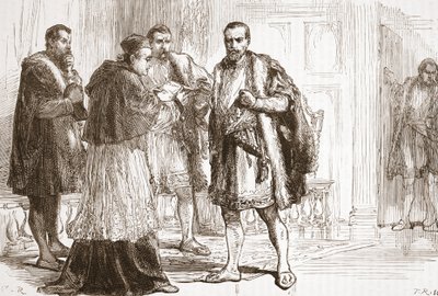 Kardynał de Tournon czytający protestancki plakat Franciszkowi I, ilustracja z Historii protestantyzmu Jamesa Aitkena Wylie (1808-1890), wyd. 1878 autorstwa English School