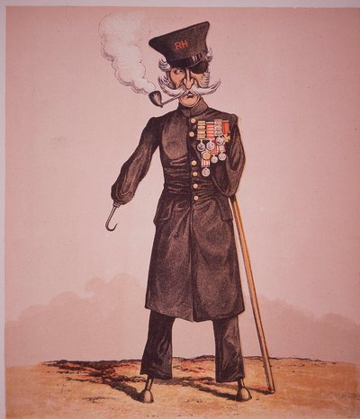 Karykatura emeryta Chelsea z Royal Hospital, z filmu „Army and Navy Drolleries” majora Seccombe (kolorowa grawerunek) autorstwa English School