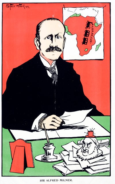 Karykatura Sir Alfreda Milnera, brytyjskiego gubernatora kolonialnego Kolonii Przylądkowej w momencie wybuchu drugiej wojny burskiej autorstwa English School