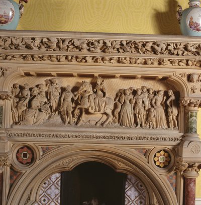 Rzeźbiony kominek w salonie, przedstawiający Elżbietę I witaną przez hrabiego Hereford w 1591 r., XVI w. autorstwa English School
